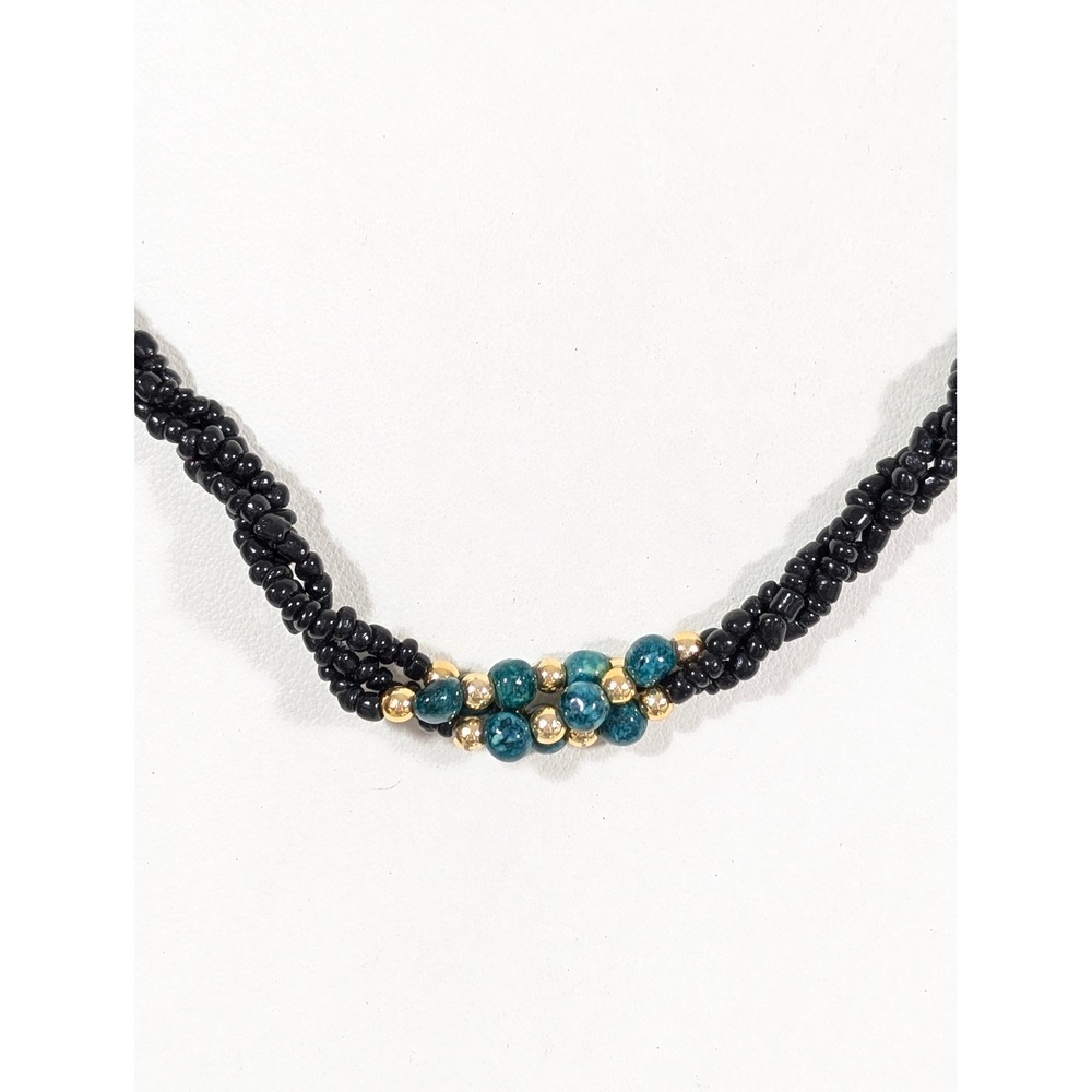 Vintage Black Glass Bead Twist Necklace Green Multi Strand 20"